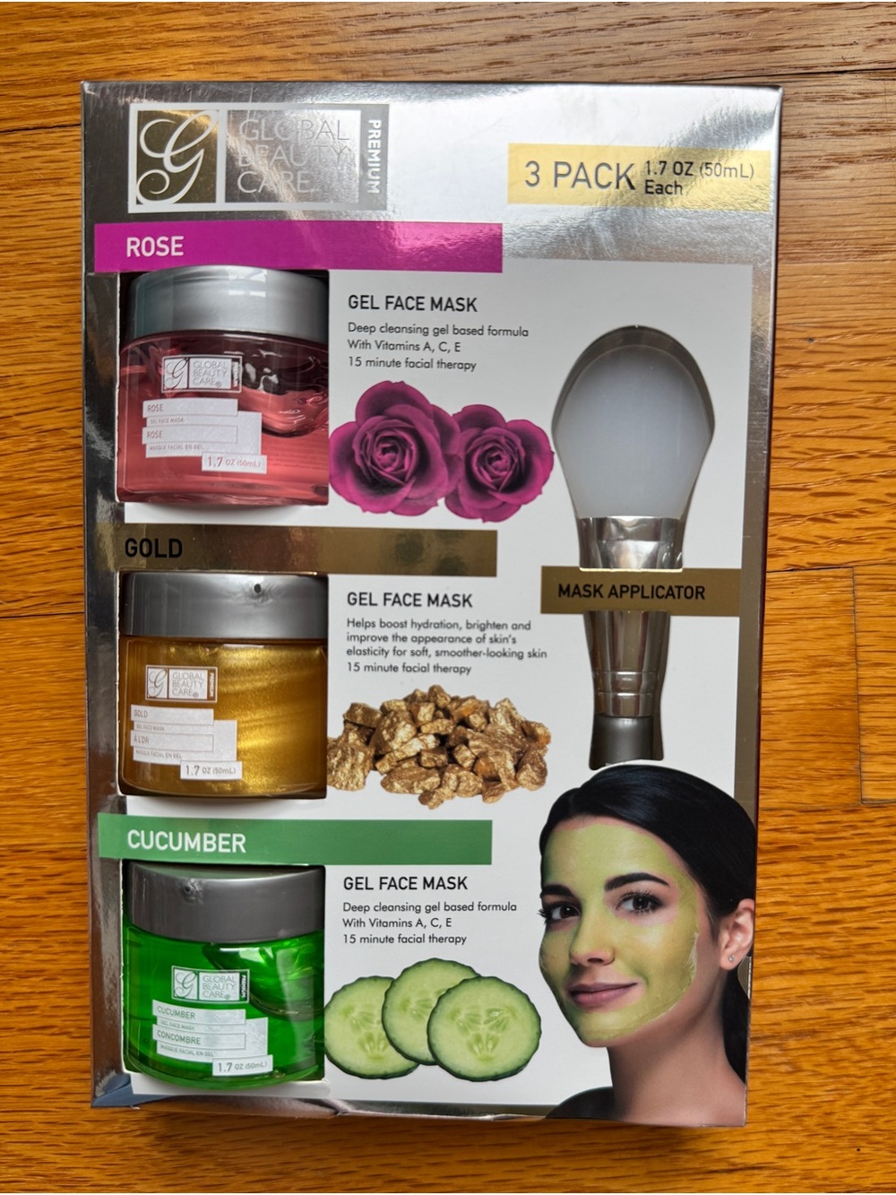 Global Beauty Care Rose, Gold & Cucumber Gel Face Mask 3-Pack with Applicator